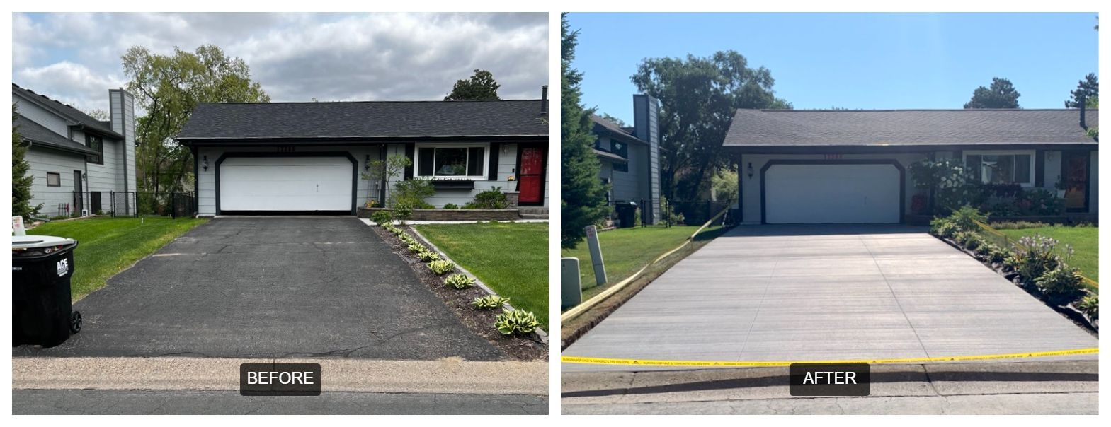 Side-by-side comparison of a residential driveway replacement in Andover, MN
