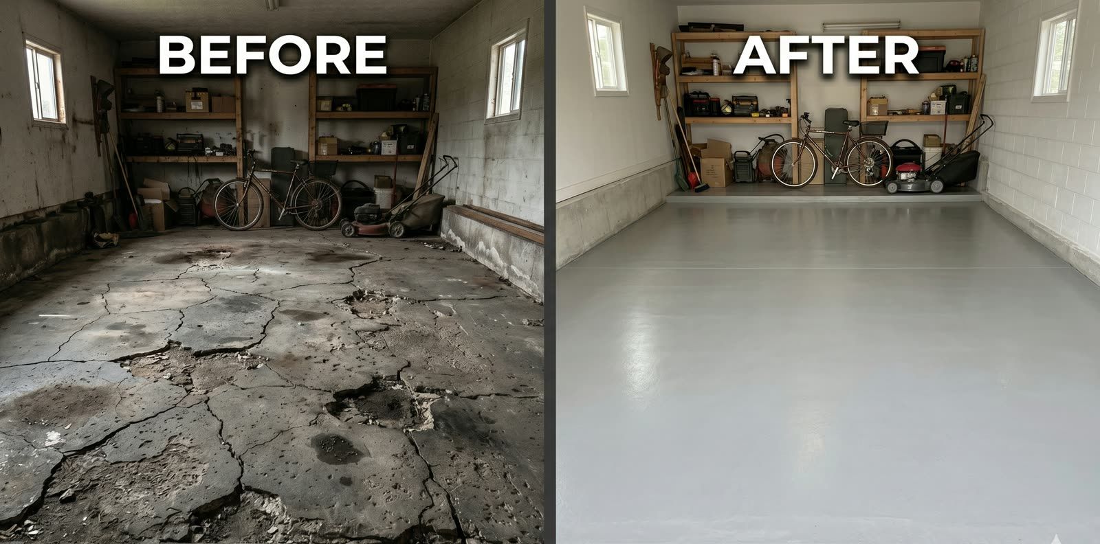 Before and after concrete garage floor replacement in Monticello, MN, showing a cracked, stained old floor replaced with a smooth new concrete floor.